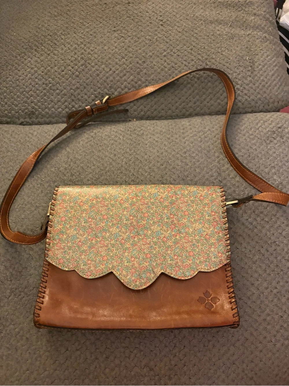 Patricia Nash Brown Leather Crossbody with Floral Trim